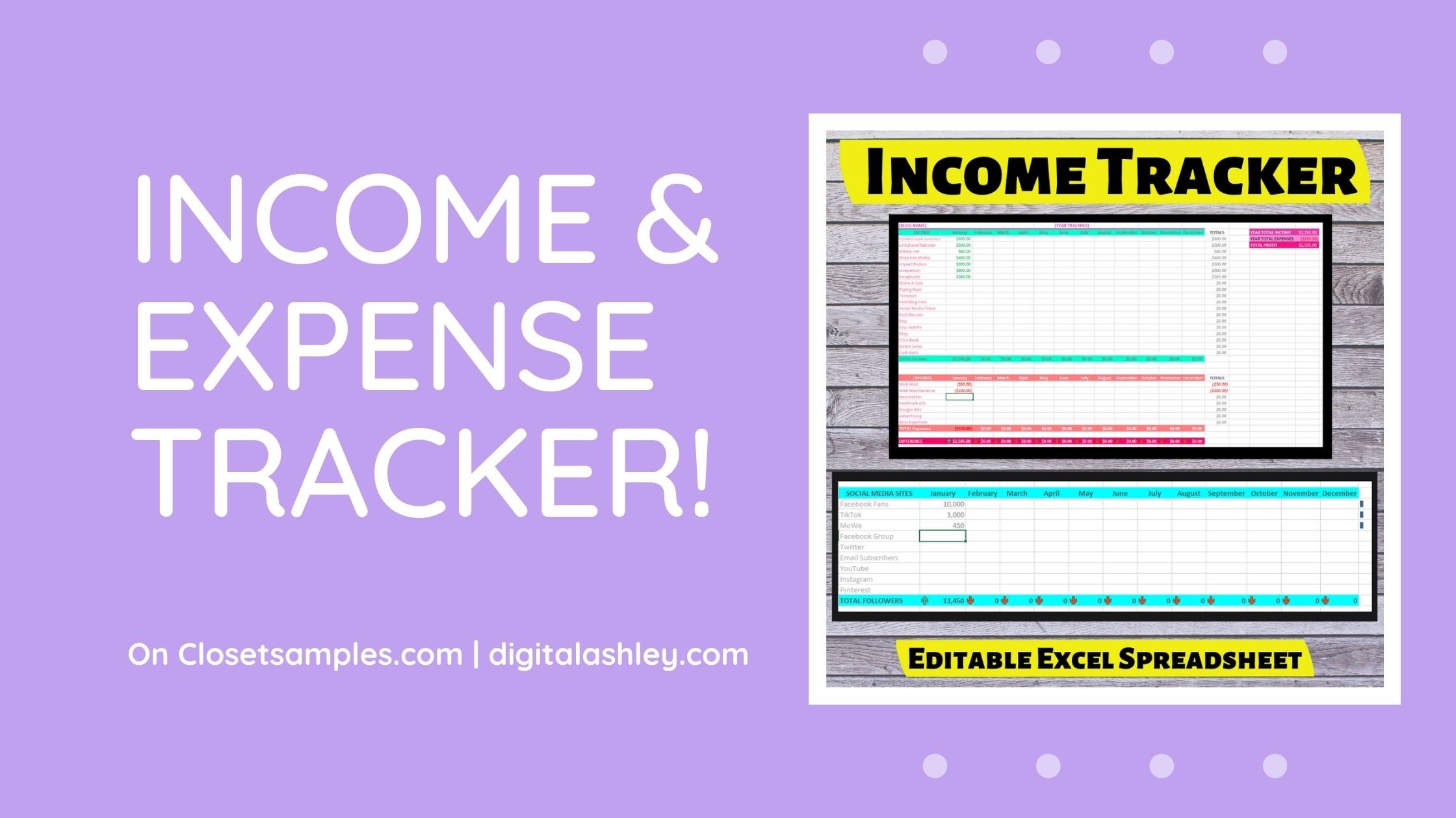INSTANT DOWNLOAD Customizable Blog Business Income and Expense Social Tracker Excel Spreadsheet